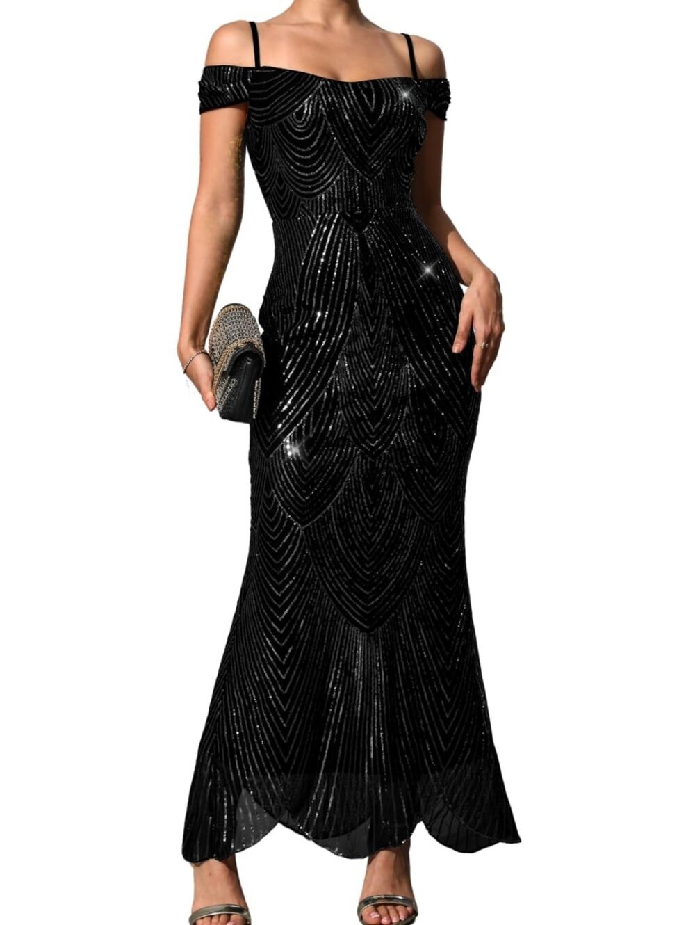 Black Sequin Maxi Dress, Sparkly Off Shoulder Long Formal Evening Gown, Women, S